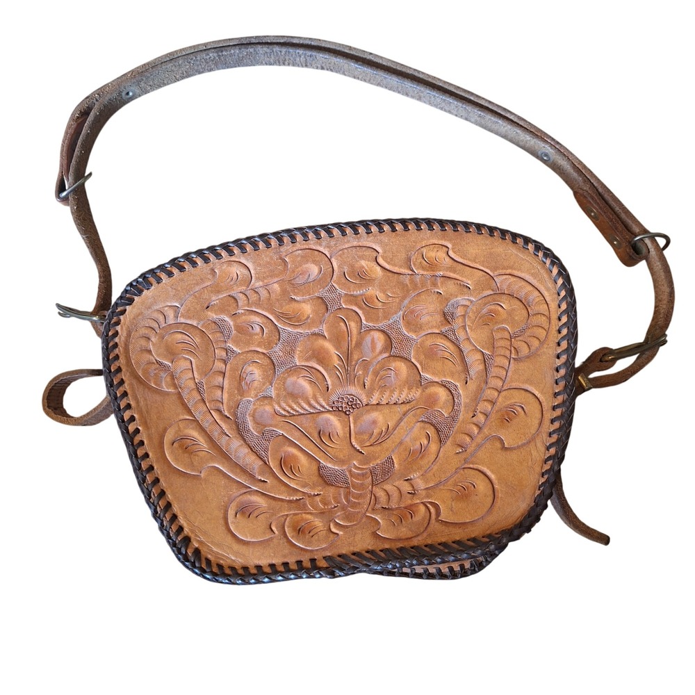 Vintage Tooled Leather Handmade Shoulder Bag Adjustable Flaw READ‎
